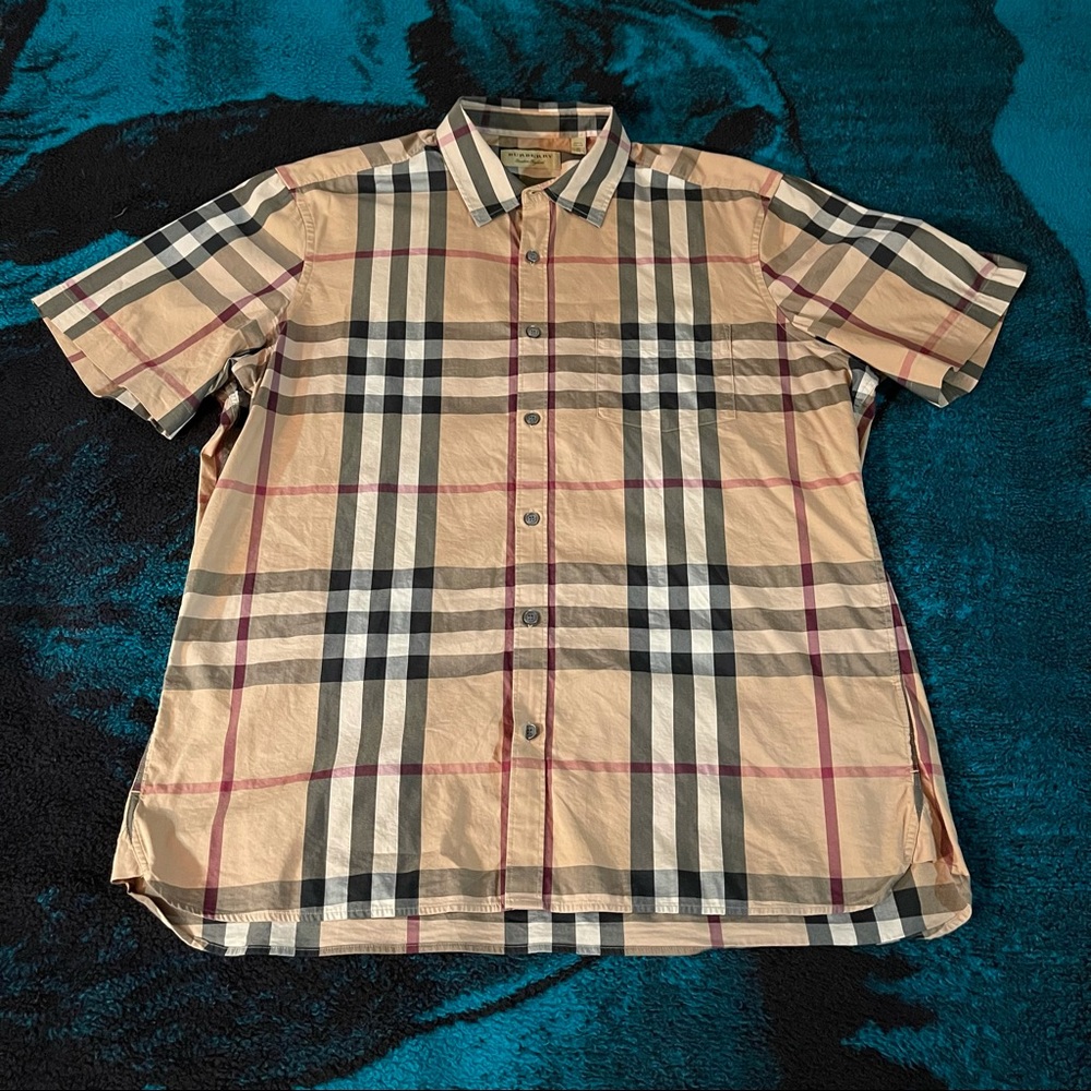 Burberry London Classic Nova Check Plaid Shirt Camel Tan Button Front Mens Sz XL